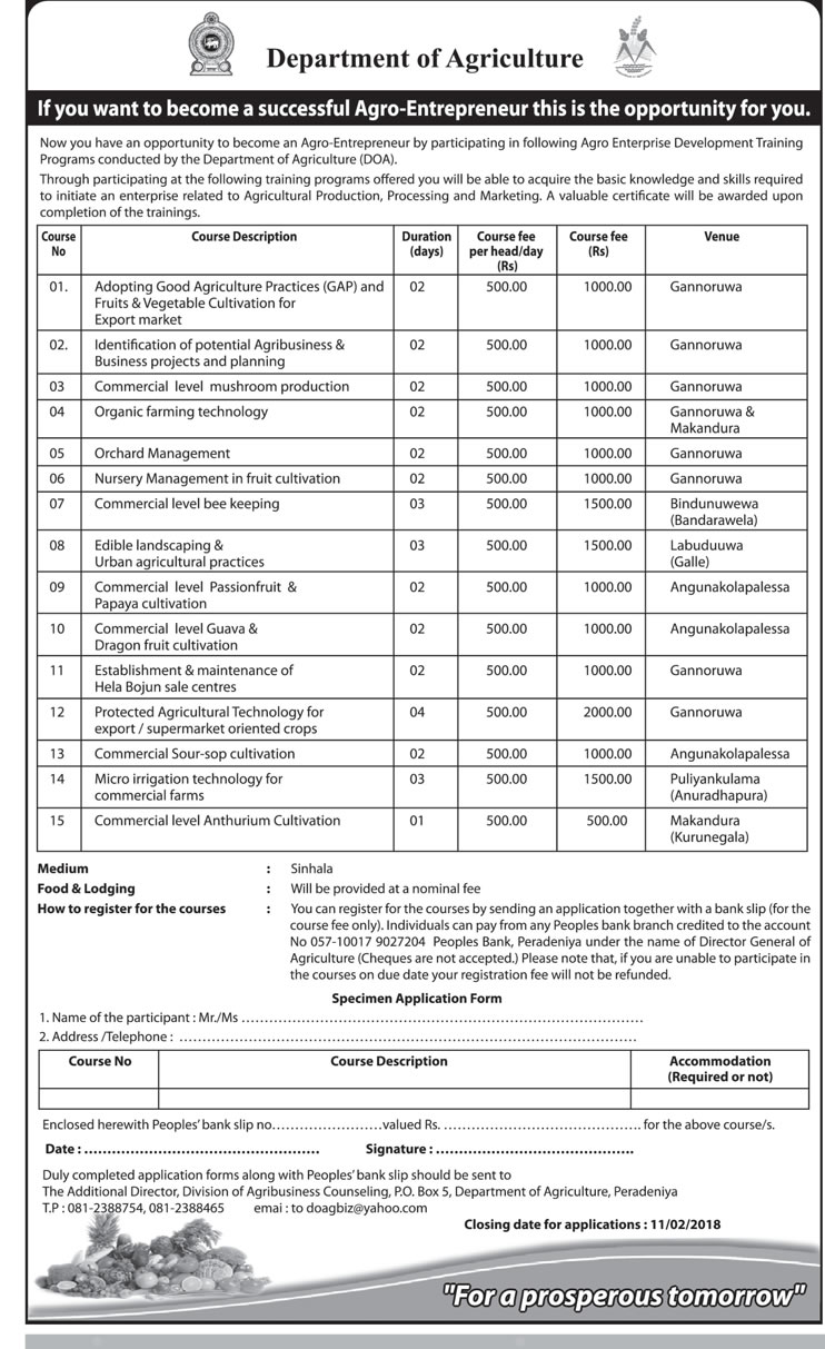 Agro Enterprise Development Training Programs - Department of Agriculture